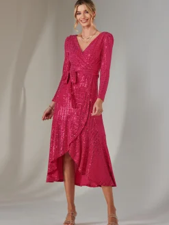Long Sleeve Metallic Spot Maxi Dress, Fuschia