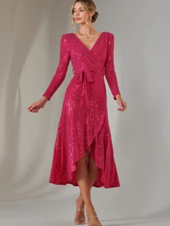 Long Sleeve Metallic Spot Maxi Dress, Fuschia