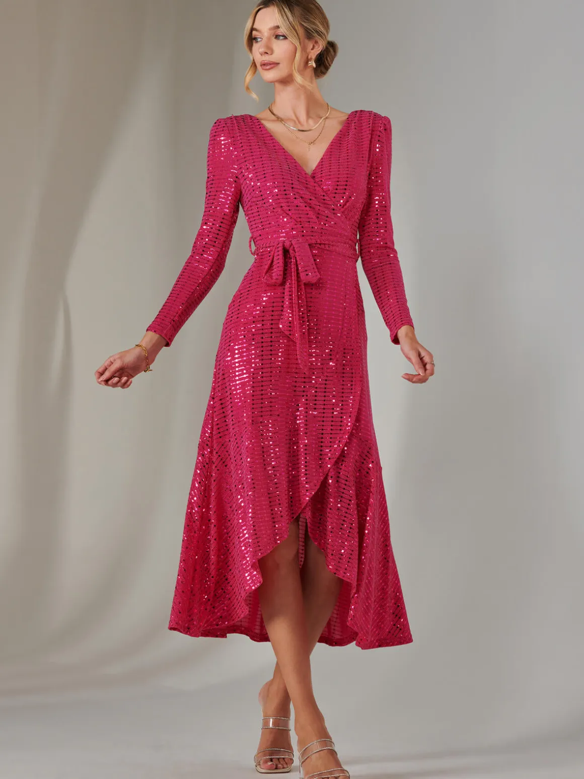 Long Sleeve Metallic Spot Maxi Dress, Fuschia