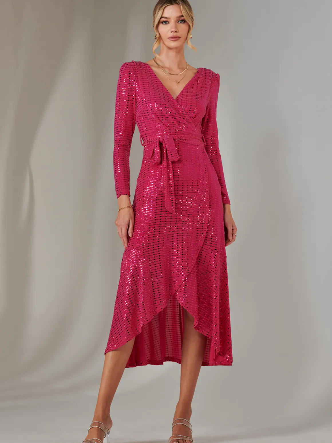 Long Sleeve Metallic Spot Maxi Dress, Fuschia