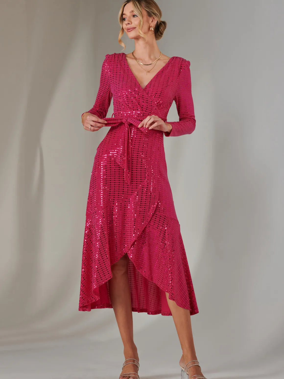Long Sleeve Metallic Spot Maxi Dress, Fuschia