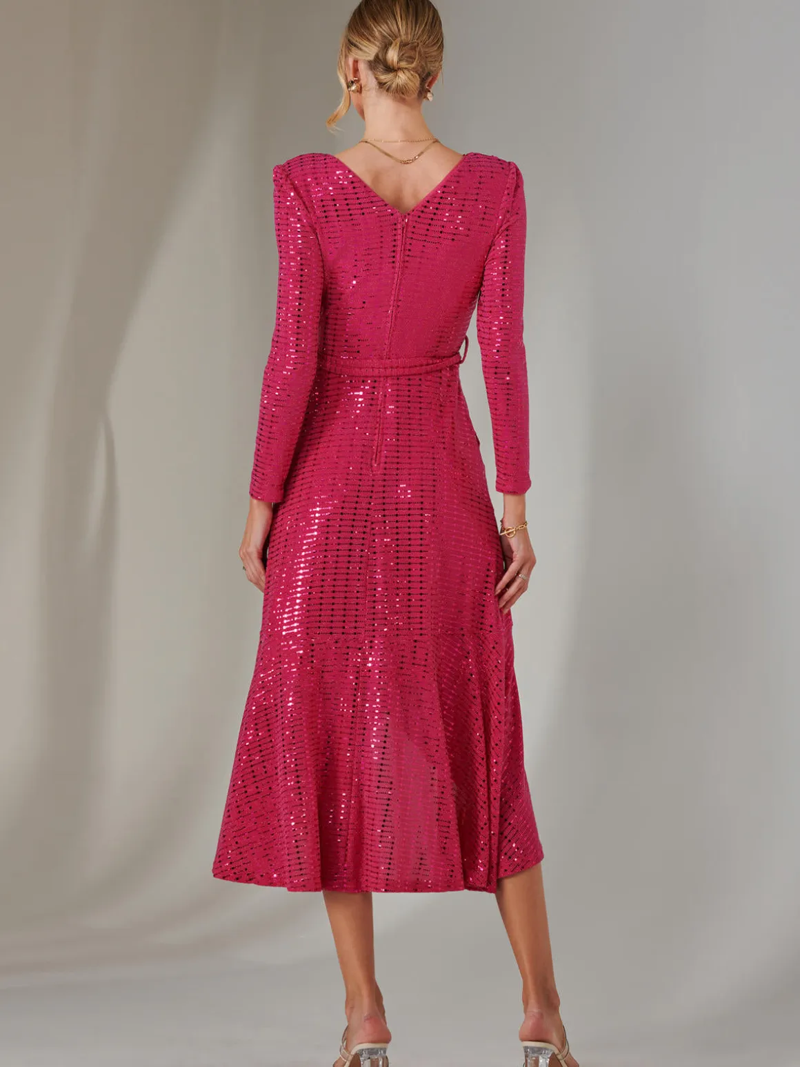 Long Sleeve Metallic Spot Maxi Dress, Fuschia