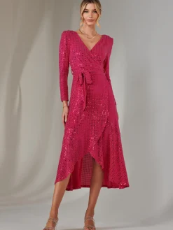 Long Sleeve Metallic Spot Maxi Dress, Fuschia