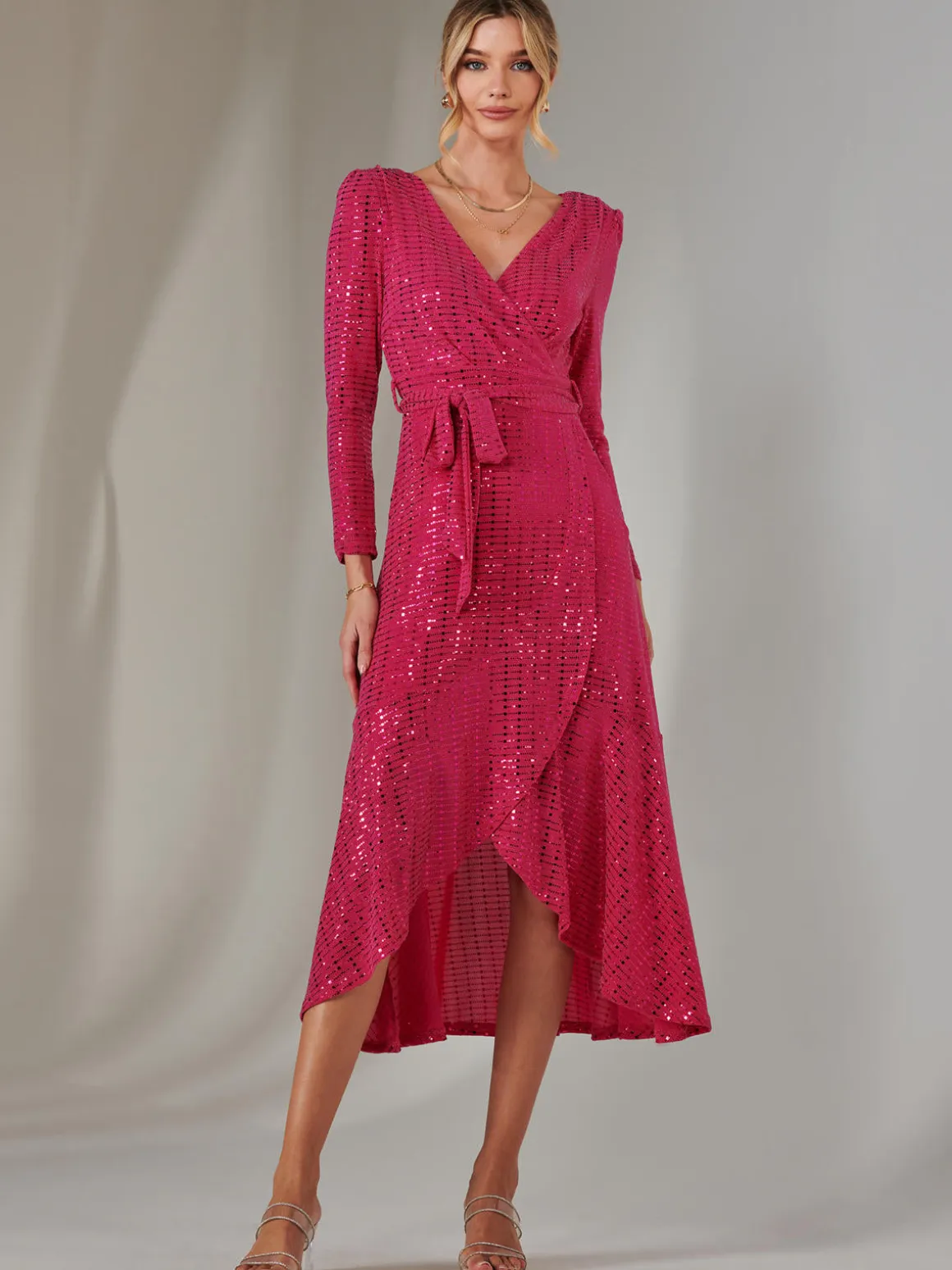 Long Sleeve Metallic Spot Maxi Dress, Fuschia