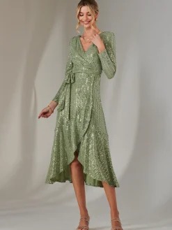 Long Sleeve Metallic Spot Maxi Dress, Green Silver