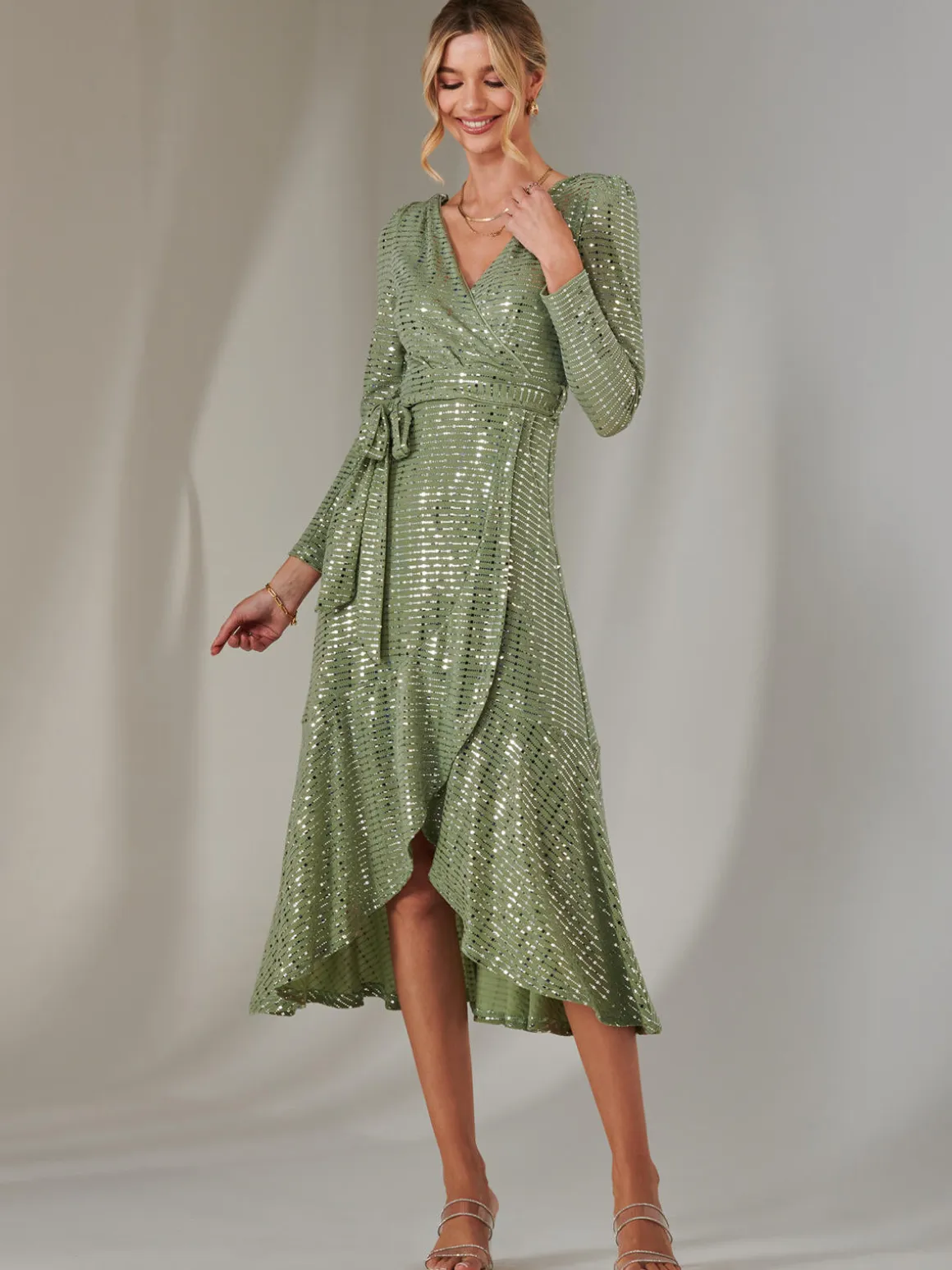 Long Sleeve Metallic Spot Maxi Dress, Green Silver