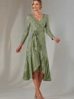 Long Sleeve Metallic Spot Maxi Dress, Green Silver