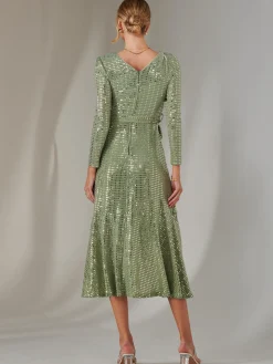 Long Sleeve Metallic Spot Maxi Dress, Green Silver