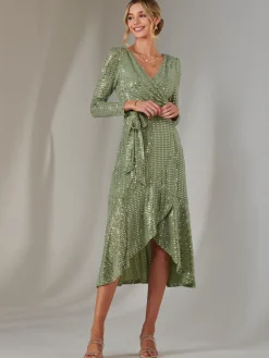 Long Sleeve Metallic Spot Maxi Dress, Green Silver