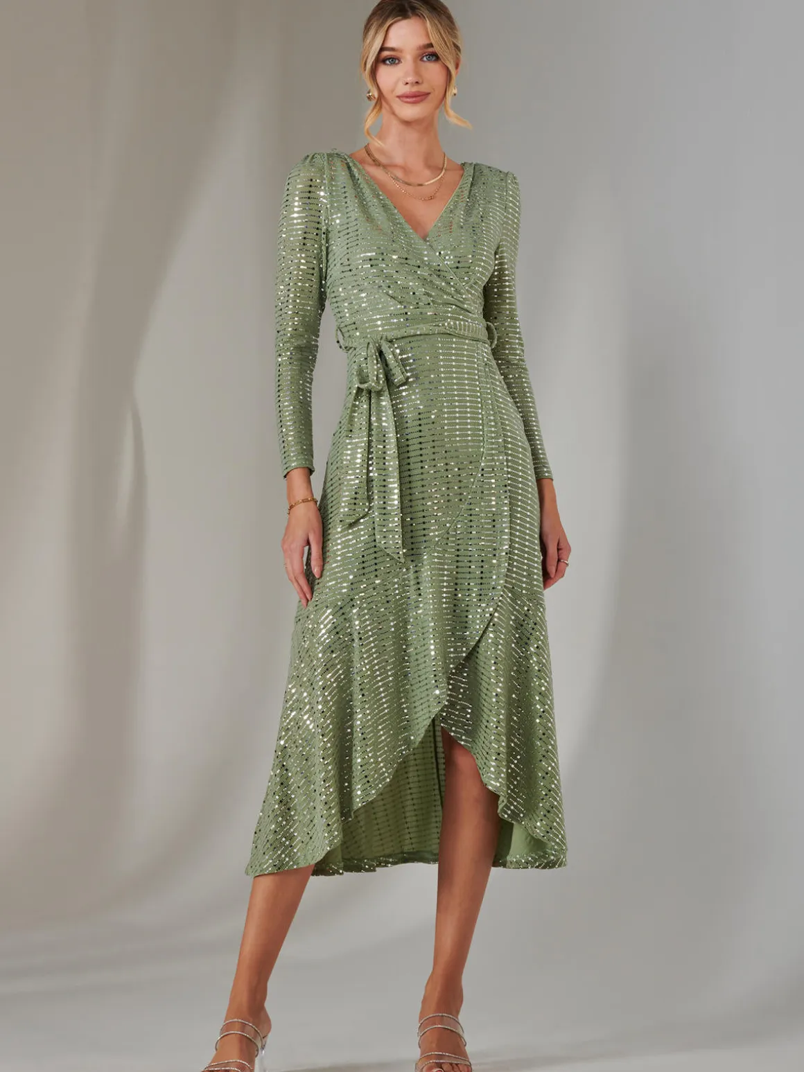 Long Sleeve Metallic Spot Maxi Dress, Green Silver