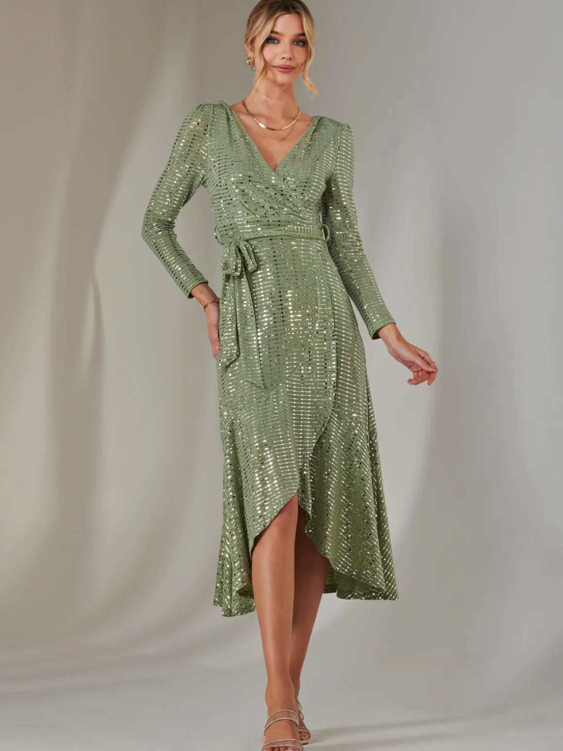 Long Sleeve Metallic Spot Maxi Dress, Green Silver