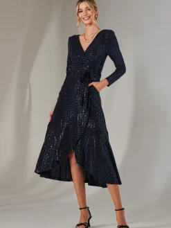 Long Sleeve Metallic Spot Maxi Dress, Navy