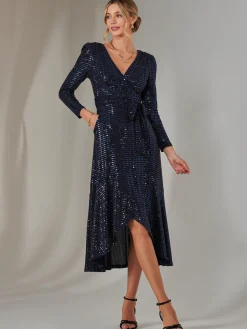 Long Sleeve Metallic Spot Maxi Dress, Navy