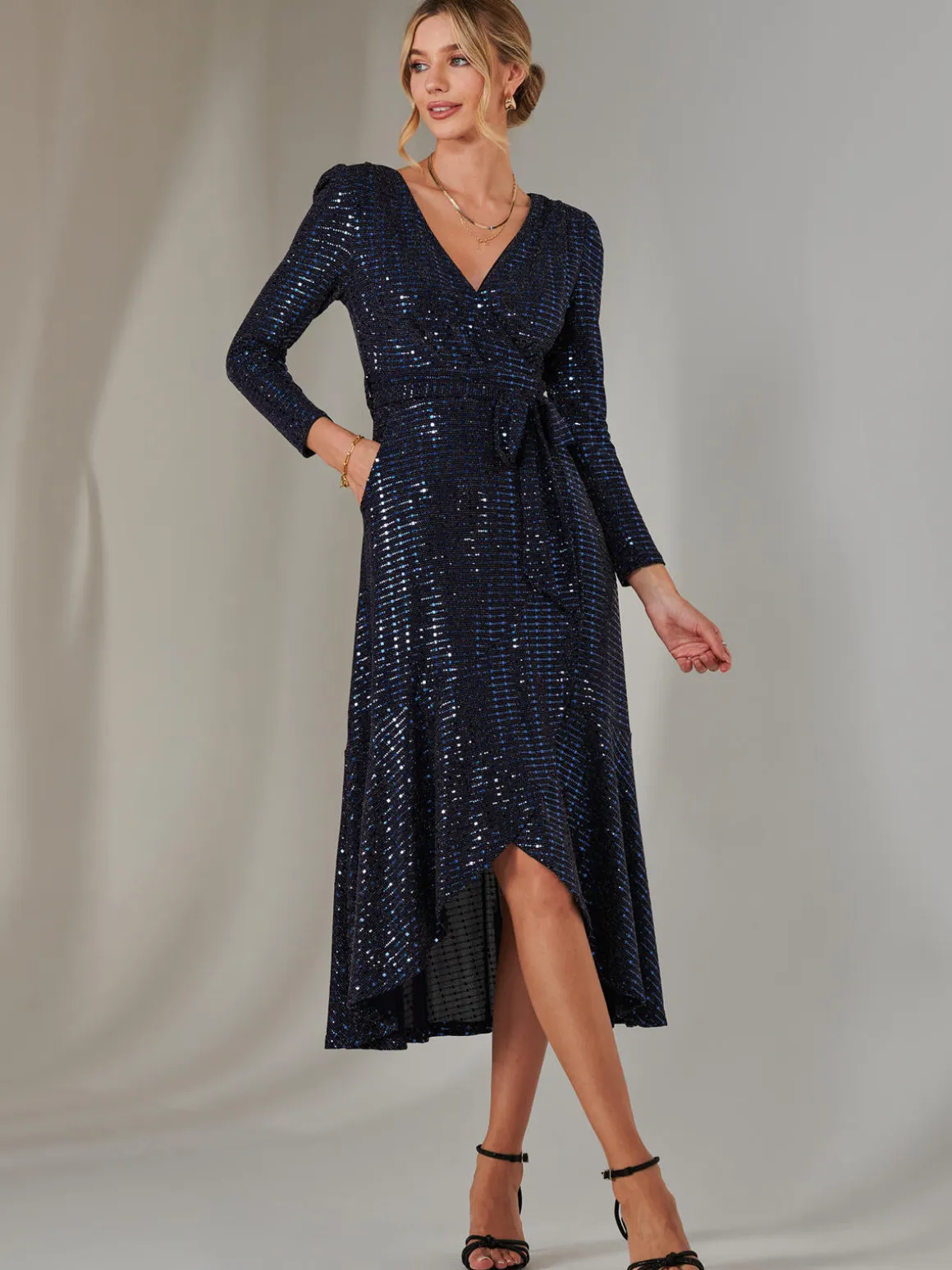 Long Sleeve Metallic Spot Maxi Dress, Navy