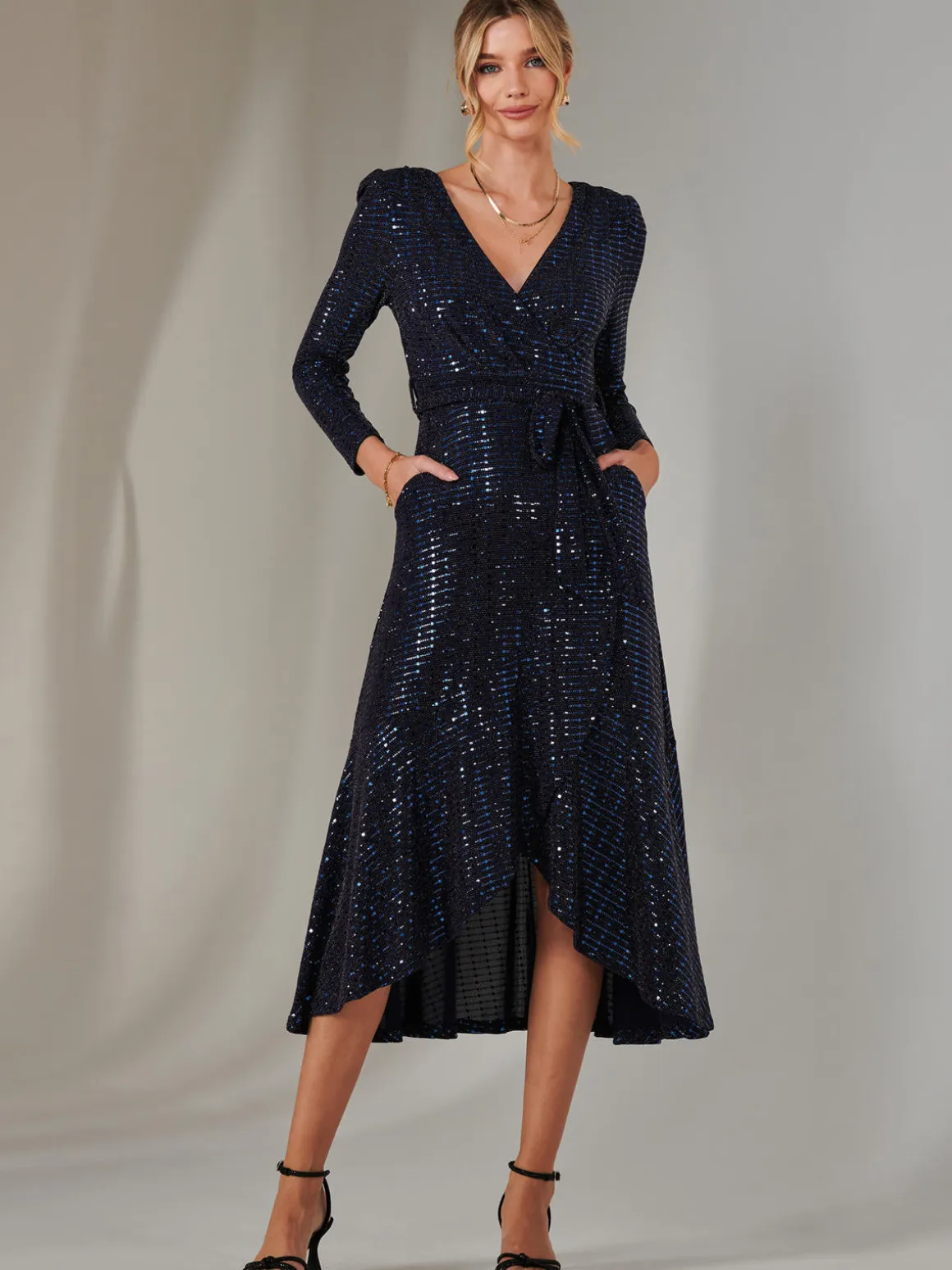 Long Sleeve Metallic Spot Maxi Dress, Navy