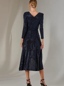 Long Sleeve Metallic Spot Maxi Dress, Navy