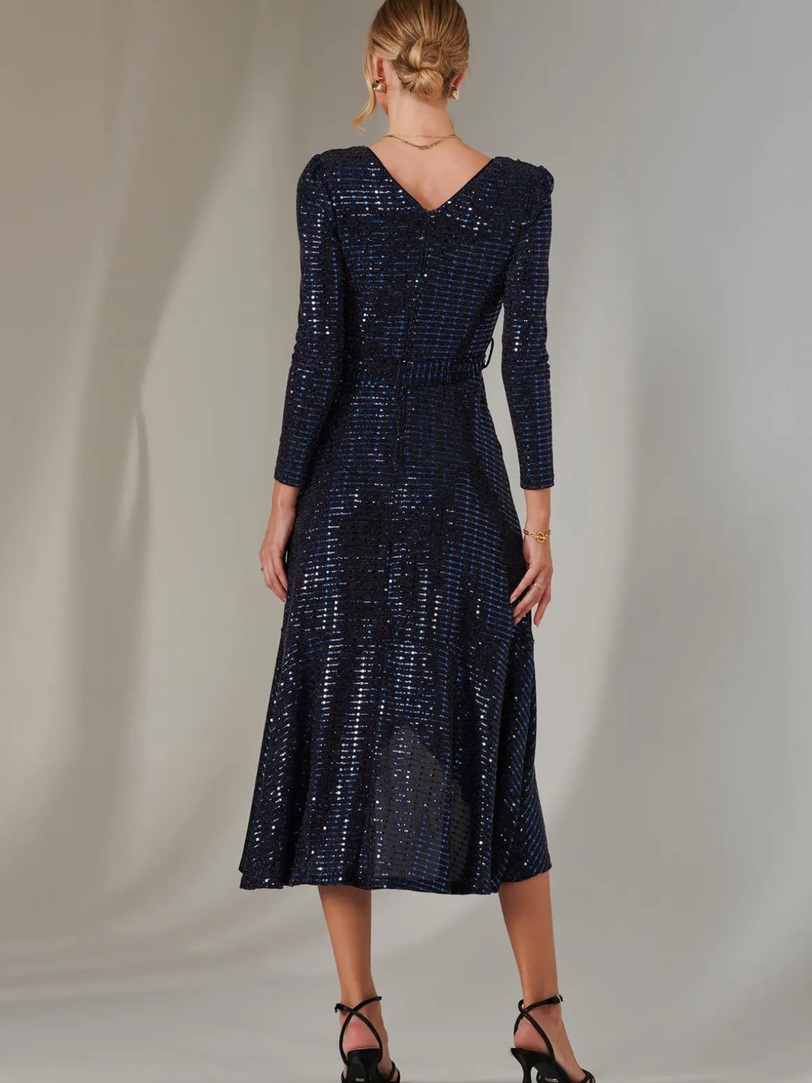Long Sleeve Metallic Spot Maxi Dress, Navy