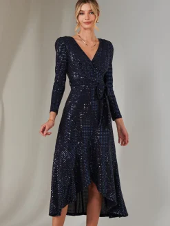 Long Sleeve Metallic Spot Maxi Dress, Navy