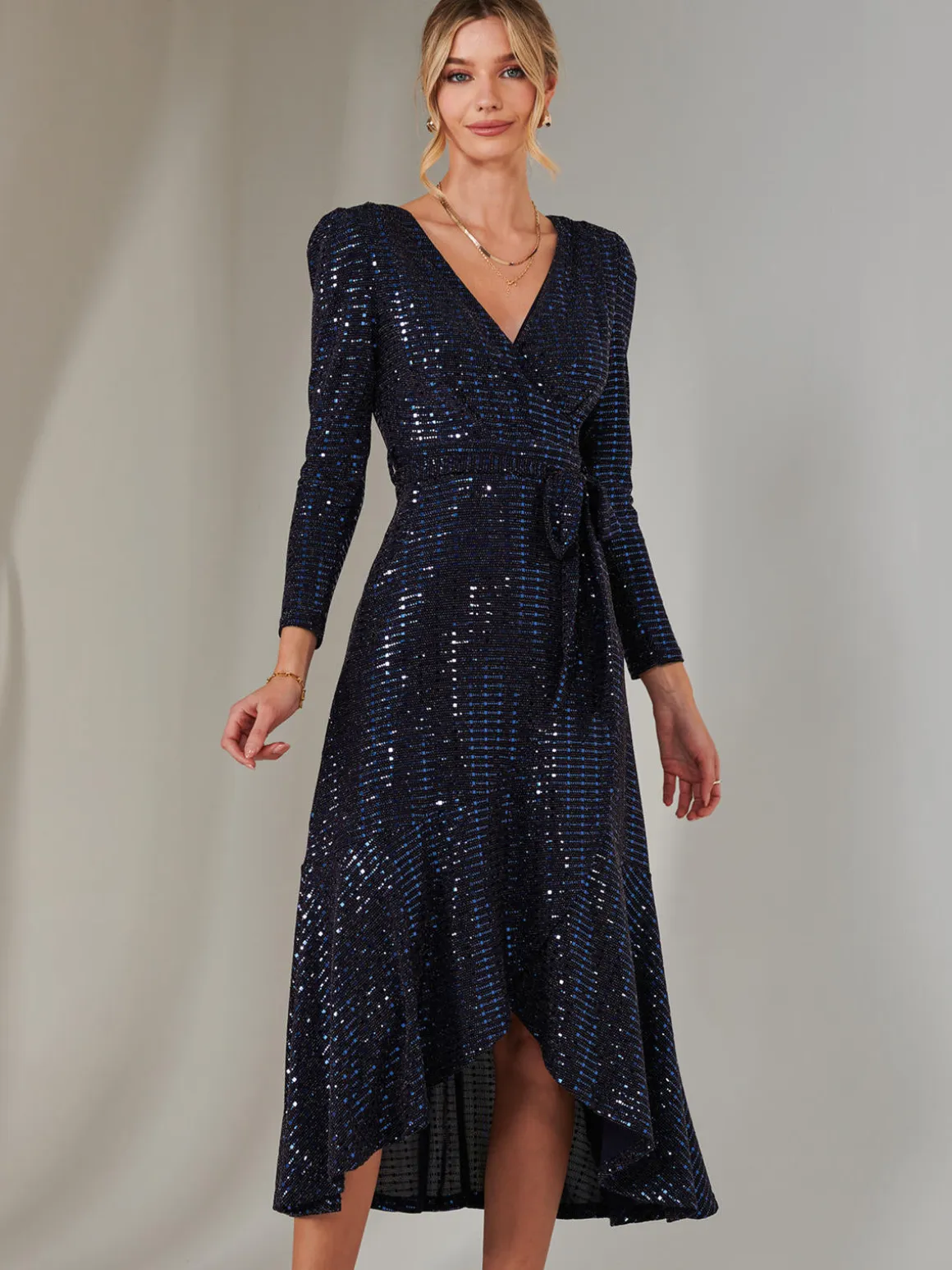 Long Sleeve Metallic Spot Maxi Dress, Navy