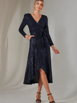 Long Sleeve Metallic Spot Maxi Dress, Navy
