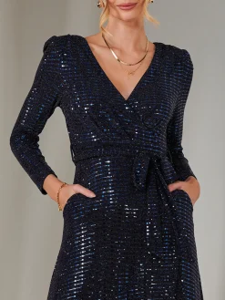Long Sleeve Metallic Spot Maxi Dress, Navy