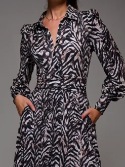 Long Sleeve Pleated Jersey Maxi Dress, Black Multi