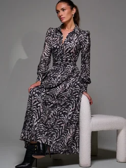 Long Sleeve Pleated Jersey Maxi Dress, Black Multi