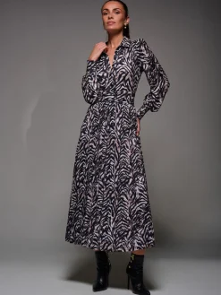 Long Sleeve Pleated Jersey Maxi Dress, Black Multi