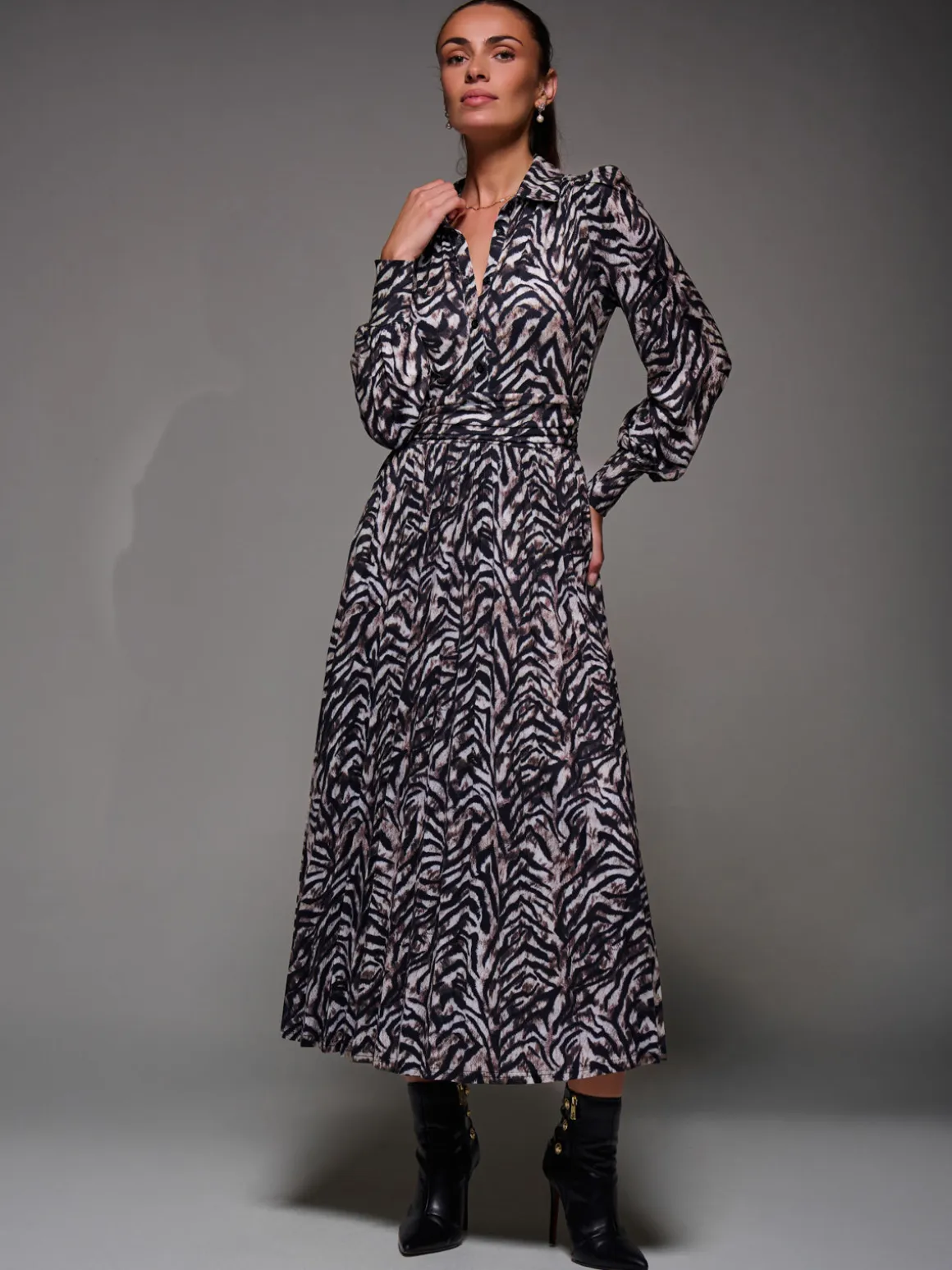 Long Sleeve Pleated Jersey Maxi Dress, Black Multi