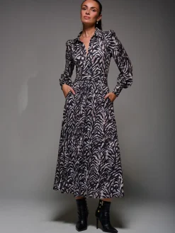 Long Sleeve Pleated Jersey Maxi Dress, Black Multi