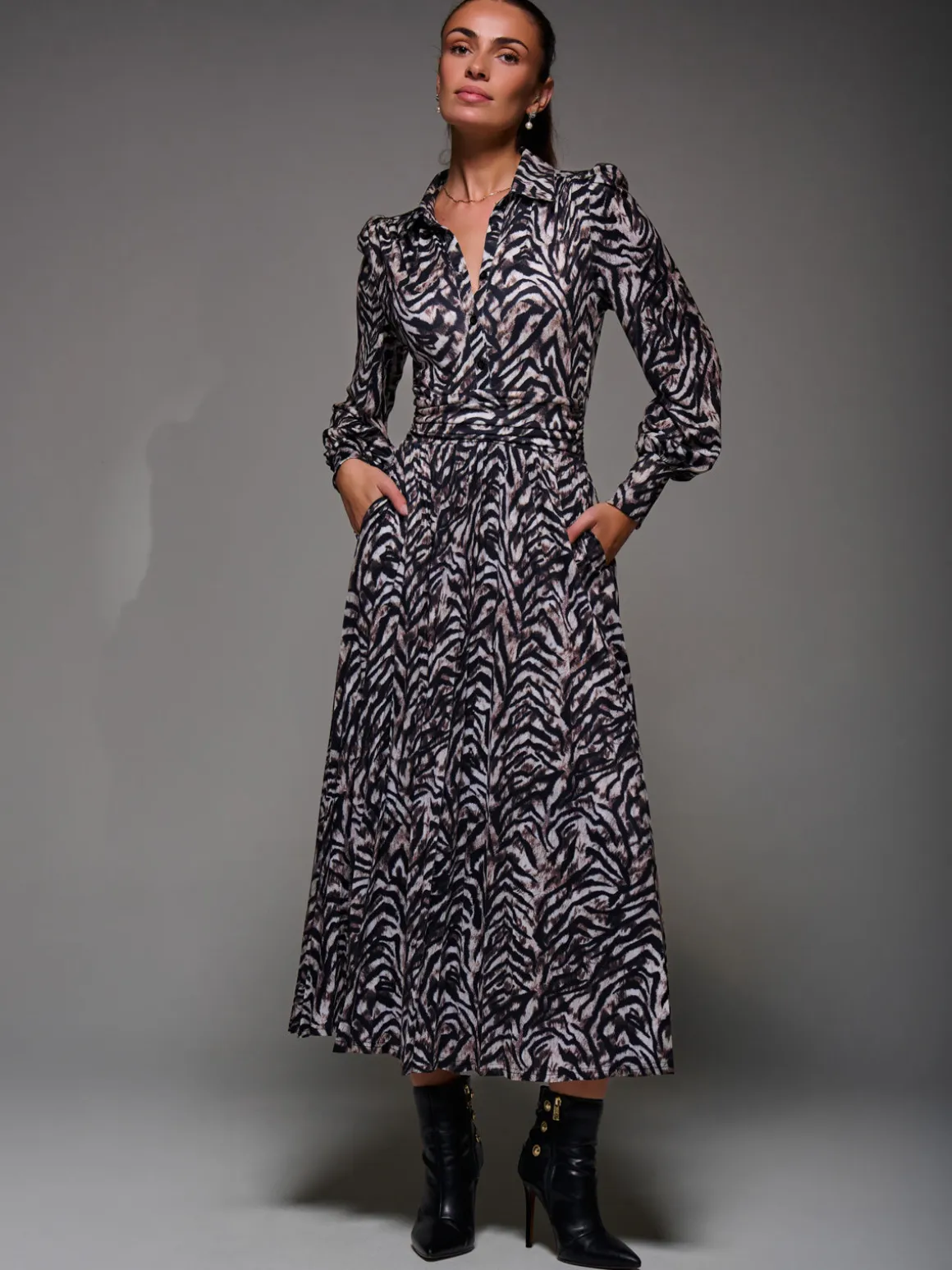 Long Sleeve Pleated Jersey Maxi Dress, Black Multi