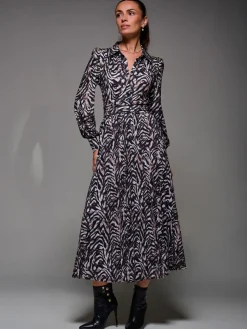Long Sleeve Pleated Jersey Maxi Dress, Black Multi