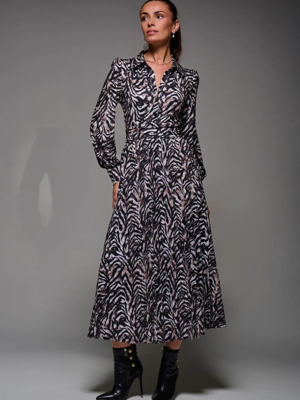 Long Sleeve Pleated Jersey Maxi Dress, Black Multi