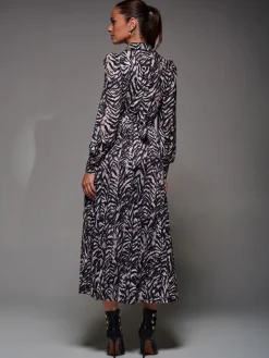 Long Sleeve Pleated Jersey Maxi Dress, Black Multi