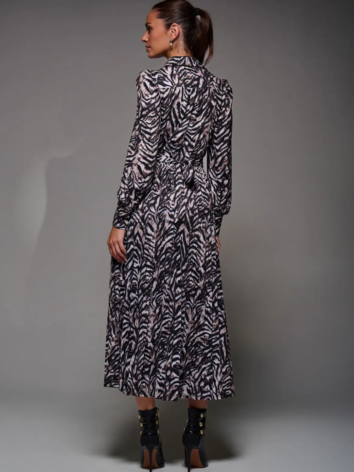 Long Sleeve Pleated Jersey Maxi Dress, Black Multi