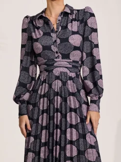 Long Sleeve Pleated Jersey Maxi Dress, Purple Multi