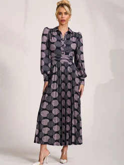 Long Sleeve Pleated Jersey Maxi Dress, Purple Multi