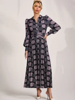 Long Sleeve Pleated Jersey Maxi Dress, Purple Multi