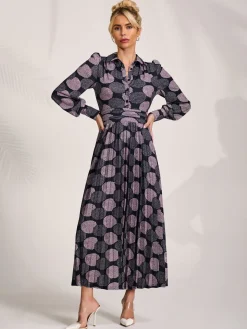 Long Sleeve Pleated Jersey Maxi Dress, Purple Multi