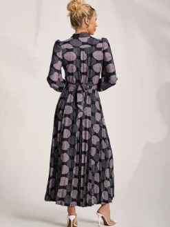 Long Sleeve Pleated Jersey Maxi Dress, Purple Multi