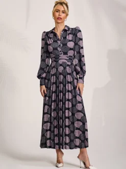 Long Sleeve Pleated Jersey Maxi Dress, Purple Multi