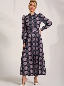 Long Sleeve Pleated Jersey Maxi Dress, Purple Multi