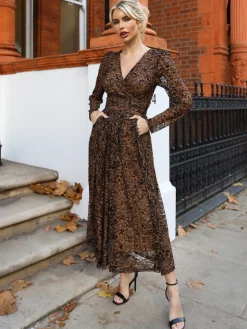 Long Sleeve Pleated Lace Maxi Dress, Brown Animal