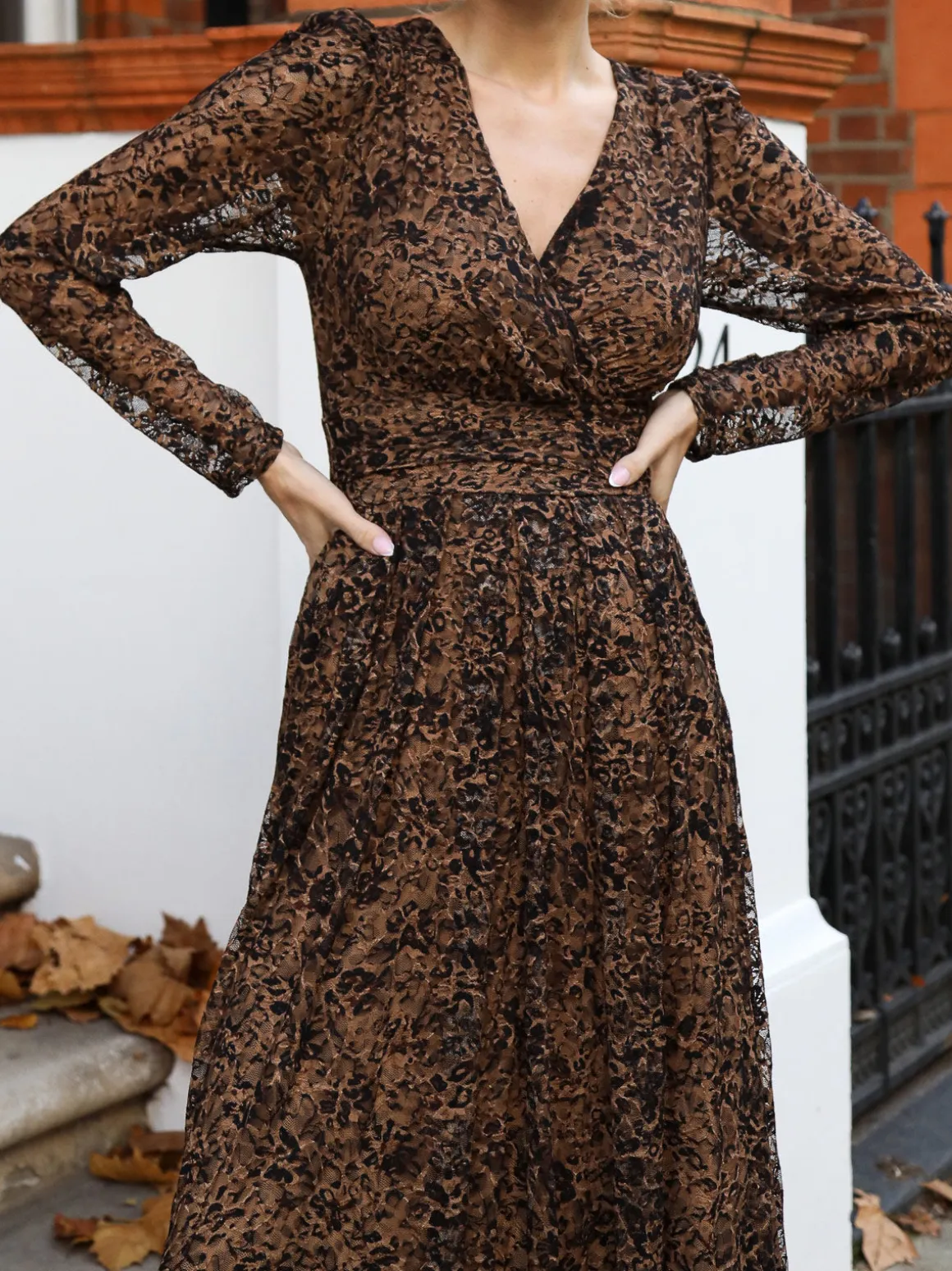 Long Sleeve Pleated Lace Maxi Dress, Brown Animal
