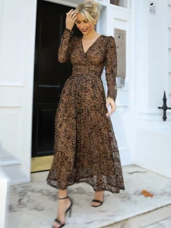 Long Sleeve Pleated Lace Maxi Dress, Brown Animal