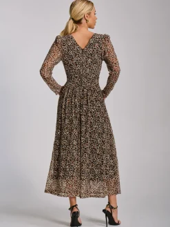 Long Sleeve Pleated Lace Maxi Dress, Neutral Animal