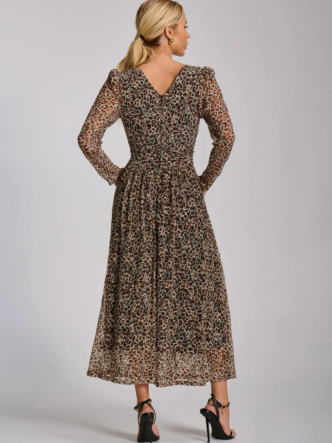 Long Sleeve Pleated Lace Maxi Dress, Neutral Animal