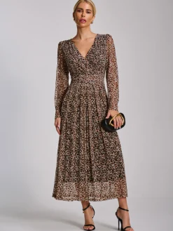 Long Sleeve Pleated Lace Maxi Dress, Neutral Animal