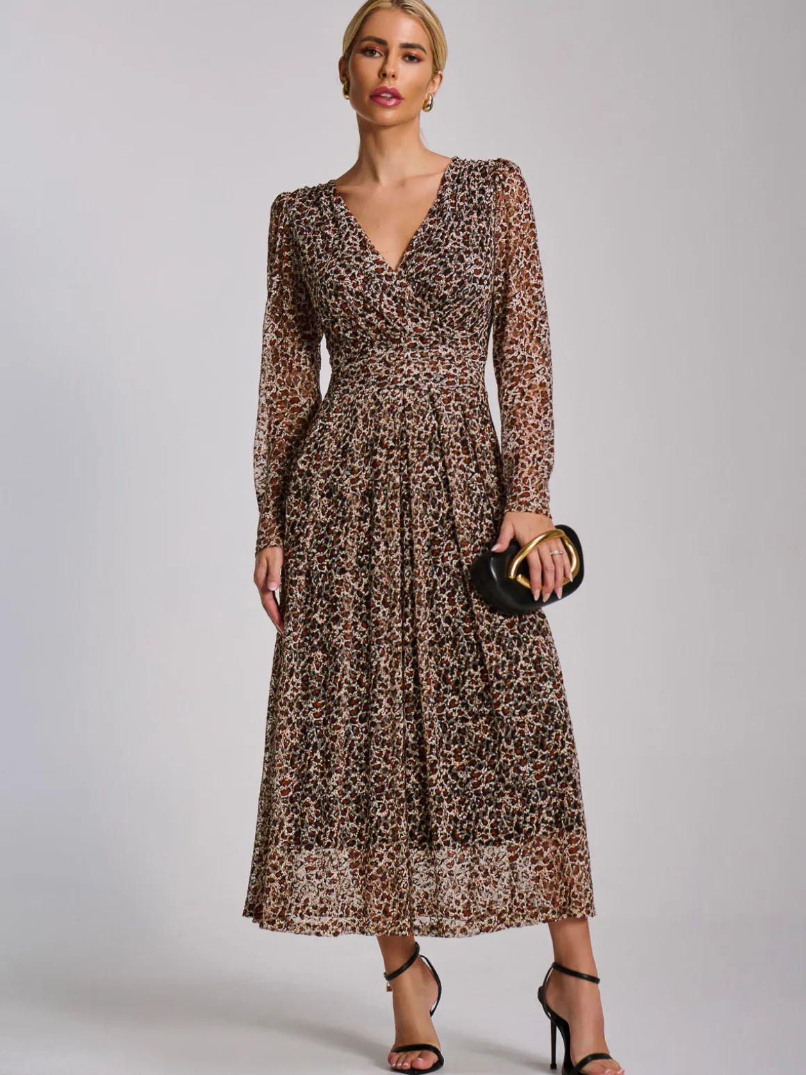 Long Sleeve Pleated Lace Maxi Dress, Neutral Animal
