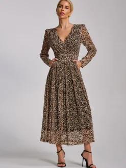 Long Sleeve Pleated Lace Maxi Dress, Neutral Animal